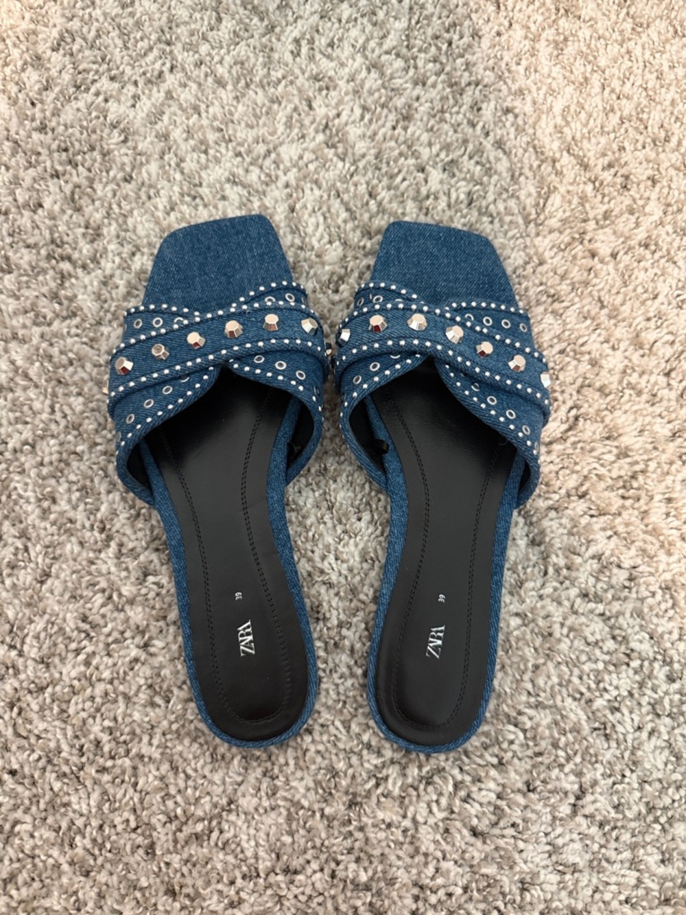 Zara Denim Studded Slides in Blue